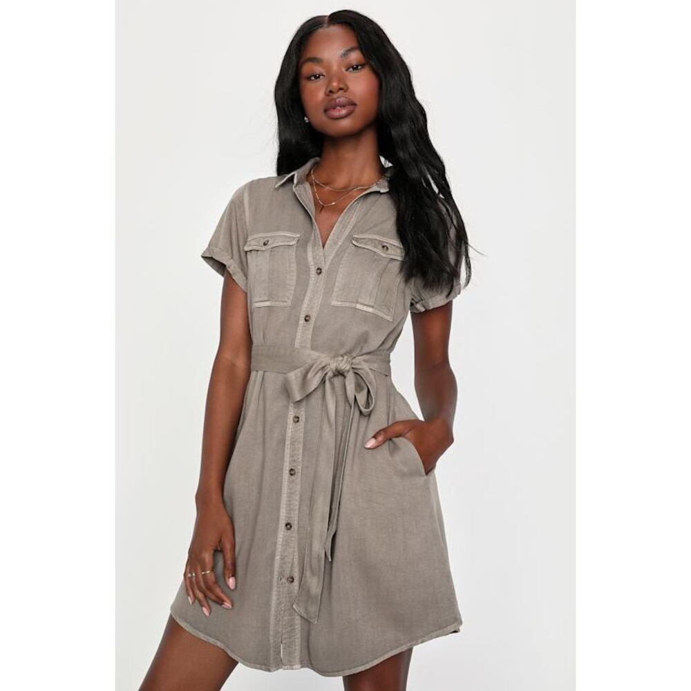 Lulus Everyday Adorable Olive Green Button-up Shirt Dress With Pockets - Size M
